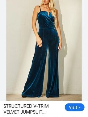 Velvet Wide-Leg Spaghetti-Strap Jumpsuit in Teal
